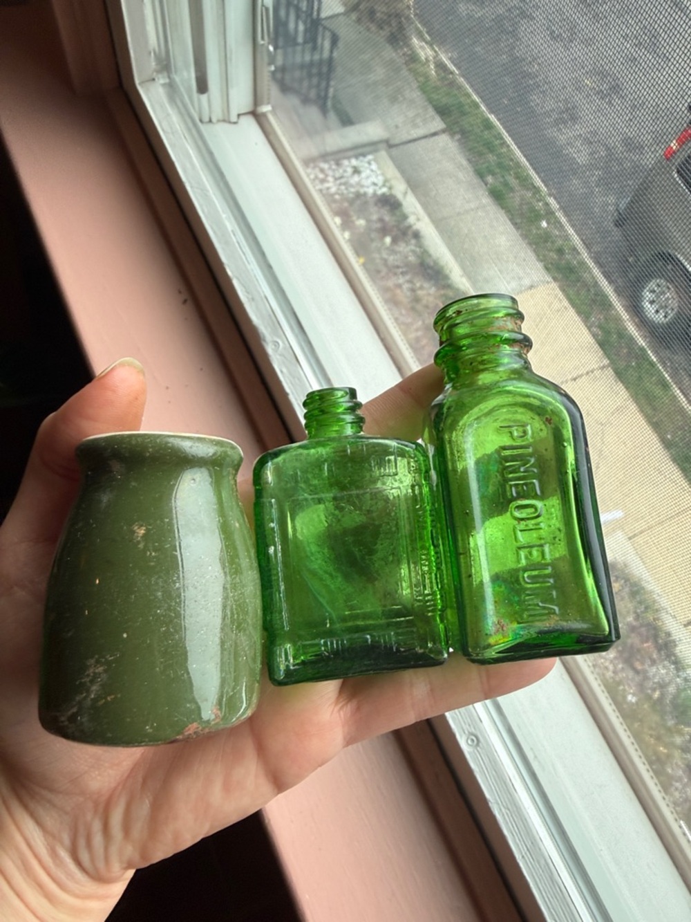 Vintage Green Glass Mini Bottle Lot - Bright Emerald Bottles & stoneware bottle